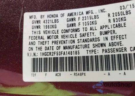 2015 Honda Accord Sport из США, поврежденный, VIN 1HGCR2F50FA148185